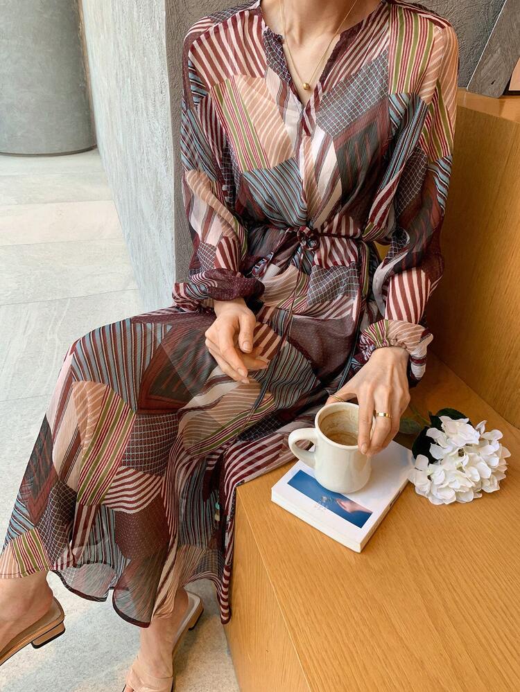 Women's Casual Holiday Geometric Print Dress,Ruffle Maxi Dress Boho