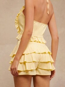 SHEIN Unity Women Clothes, Romantic Elegant Butter Yellow Solid Low Waist Tiered Ruffle Shorts, Women Shorts, Summer Shorts, Mini Skirt. For Date Night, Concerts, Performances, Parties, Clubs