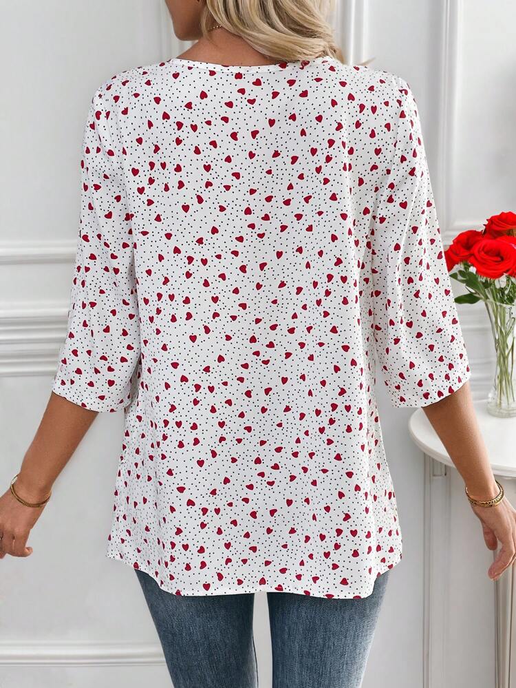 Valentine's Day Women's Heart & Polka Dot Print Indonesia Round Neck 3/4 Sleeve Casual Shirt