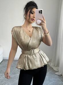 Elenzga Blusa elegante y casual de unicolor con estampado de lámina metálica, cruzada al frente, hombros fruncidos, botones falsos de cuerno y cintura atada, diseño corto, ideal para vacaciones o uso diario, San Valentín