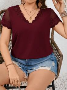 SHEIN Frenchy Plus Size Women's Lace Splicing Short Sleeve Summer Shirt - Burgundy - View 1