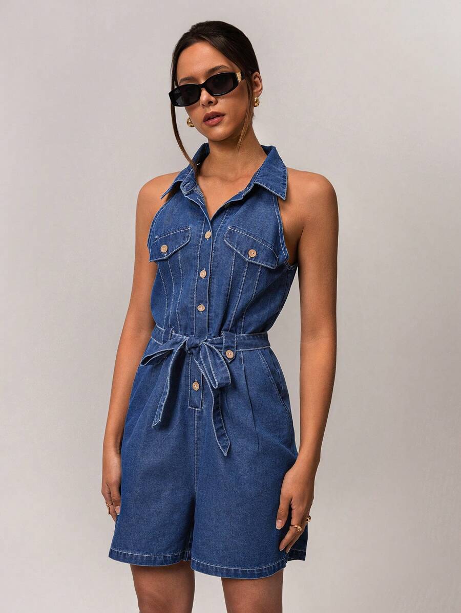 Forever 21 春季度假海滩休闲无袖领口系腰女式牛仔连体衣 - 中等水洗藍 - 查看 1