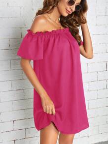 SHEIN Essnce Women's Off Shoulder Plain Short Sleeve Dress, Simple And Fashionable For Casual Daily Wear - Hot Pink - View 2