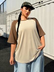 SHEIN EZwear Plus Size Basic Casual Raglan Sleeve Short Sleeve Loose T-Shirt, Summer