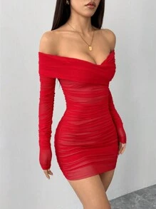 SHEIN PETITE 露肩褶饰网眼紧身外出黑色连衣裙 - 紅色 - 查看 5