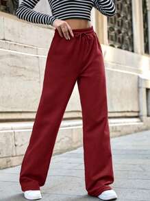 SHEIN Tall Cottnline Pocket Drawstring Sweatpants Simple Fashionable Daily Casual - Burgundy - View 3