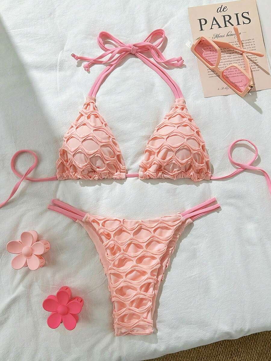 Swim Mod Solid Textured Halter Neck Triangle Top And Bottoms, Cute Women Summer Bikini Set - Pink - View 1