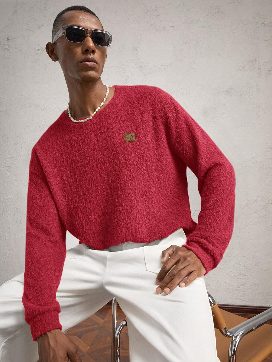 AKNOTIC Business Casual Men's Relaxed Fit Crewneck Drop Shoulder Long Sleeve Casual T-Shirt, Suitable For Autumn/Winter, Everyday Wear, Letter Graphic With Flocking, Green Contrast - Red - View 1