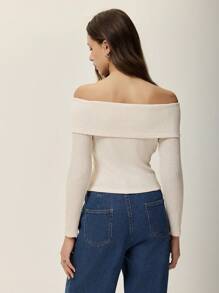 Poéselle Solid Color Off Shoulder Fitted T-Shirt, Simple & Fashionable For Casual Daily Wear