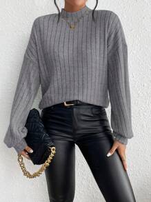 SHEIN Frenchy 女士休闲纯色立领落肩长袖 T 恤，秋冬季 - 灰色 - 查看 4