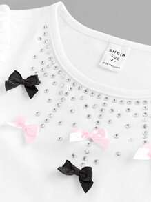 SHEIN 2pcs Kids Girls Cute Rhinestone Bow Top + Layered Tulle Skirt Set - Pink - View 3