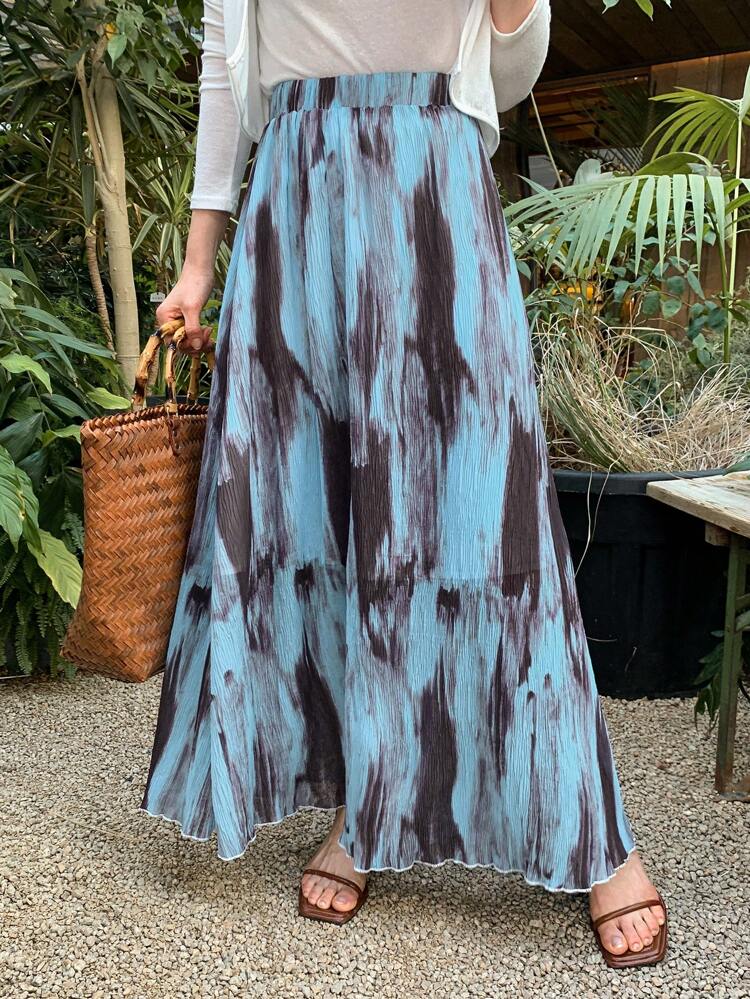 High Waist Retro Tie-Dye Print Vacation Style Flared A-Line Skirt For Women