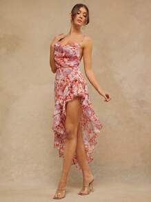 L'Amorae 女装，优雅红紫花卉印花不对称荷叶边下摆露背露背长裙，女士连衣裙，派对女士连衣裙，夏季女士服装，优雅女士连衣裙，红色女士连衣裙，沙滩女士连衣裙，婚纱，情人节连衣裙，长裙，度假。适合约会之夜、音乐会、演出、婚礼、派对、俱乐部、晚会 - 彩色 - 查看 3