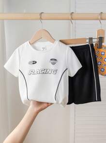 2pcs/Set Boys Kids Casual Sports Letter Print Contrast Color Drawstring Round Neck Short Sleeve T-Shirt And Shorts Set, Black & White Knit Outfit Suitable For Toddlers, Back To School, Parties, Daily Wear, School, Travel, Sports, Spring & Summer