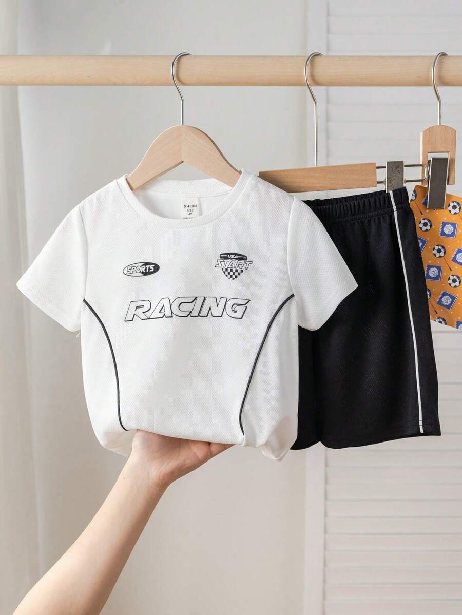 2pcs/Set Boys Kids Casual Sports Letter Print Contrast Color Drawstring Round Neck Short Sleeve T-Shirt And Shorts Set, Black & White Knit Outfit Suitable For Toddlers, Back To School, Parties, Daily Wear, School, Travel, Sports, Spring & Summer