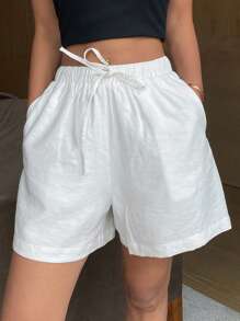 Livesso Solid Color Loose Straight Drawstring Waist Casual Vacation Women Shorts, Summer Sweater Shorts