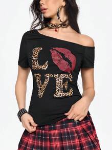 ROMWE Y2K 美式复古辣妹不对称肩部心形、嘴唇和豹纹印花女式 T 恤，夏季或女士休闲，演唱会外出，狂欢节，狂欢，乡村音乐会 - 黑色 - 查看 2