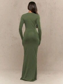 MISSGUIDED 精致的形式-合身长袖马克西晚礼服紧身衣地板长度优雅的礼服派对正式场合高领拉伸 - 軍綠色 - 查看 2