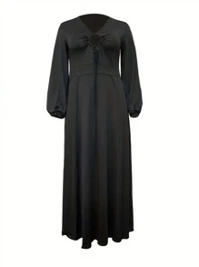 INAWLY Vestido de talla grande con abertura lateral en unicolor - Negro - Ver 4