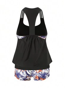Swim Lushoire Summer 2pcs/Set Women Plant Print Random Color Conservative Tummy Control Brief Tankini With Tankini Swimwear