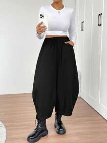 Chiquease 女士纯色松紧腰口袋设计宽松休闲裤