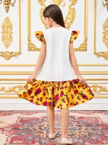 SHEIN Tween 女童休闲宽松拼接撞色荷叶边卡通印花连衣裙 - 白色 - 查看 2