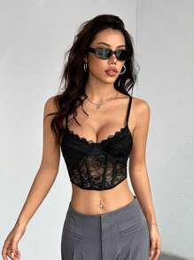 SHEIN PETITE 黑色蕾絲肩帶人字紋塑膠束腰，適合嬌小女性 - 黑色 - 查看 4
