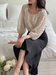 DAZY Women's Polka Dot 3/4 Sleeve Crew Neck Blouse Long Sleeve Top