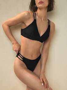 SHEIN Swim 夏季女士黑色比基尼泳装套装 - 黑色 - 查看 5
