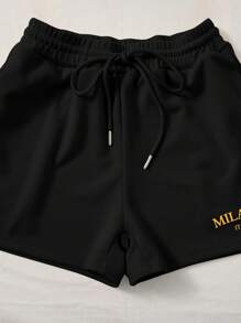 SHEIN EZwear 女士简约休闲米兰字母图案修身背心搭配抽绳短裤 2 件套 - 黑色 - 查看 5