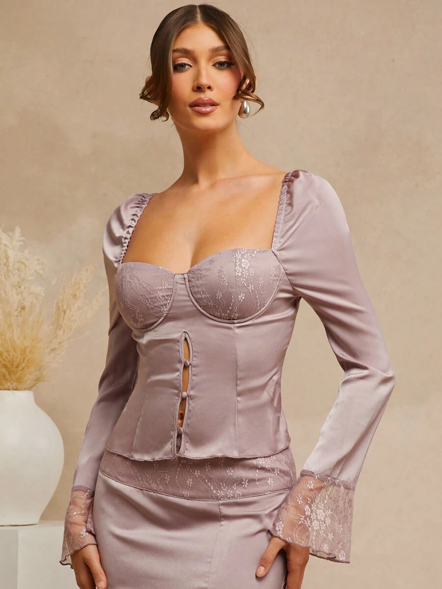 L'Amorae Women's Elegant Dusty Mauve Satin And Lace Long Sleeve Hollow Out Slim Fit Bustier Top,Autumn Night Out Corset Top With Front Buttons For Parties - Mauve Purple - View 1