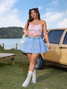 SHEIN VCAY Plus Size Front Button Frayed Hem Casual Denim Mini Skirt - Medium Wash - View 3