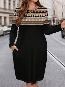 EMERY ROSE Plus Size Women's Floral Print Round Neck Loose Long Sleeve Dress With Pockets, Suitable For Autumn & Winter