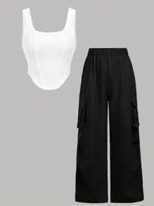 SHEIN Girlism Tween Girls' 2pcs Set Square Neck Knit Tank Top And Casual Long Pants, Street Chic Style