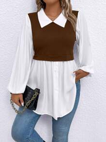 Calvaya Plus Size Women Casual Colorblock Patchwork Lantern Sleeve Sweater Top - Coffee Brown - View 3