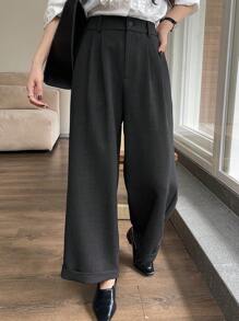 DAZY Women Plain Straight Leg Pleated Cropped Pants,Women Dress Pants - Black - View 4