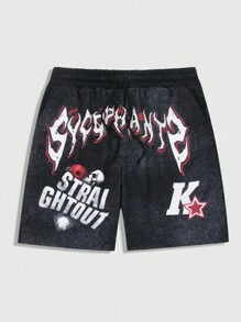 ROMWE MEN Street Life Men's Digital Print Drawstring Pocket Casual Frayed Hem Shorts - Black - View 1