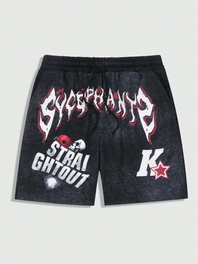 Prep Pantalones cortos casuales con estampado digital, bolsillo con cordón y borde deshilachado para hombres