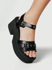 ROMWE Grunge Punk Punk Rock Style Women Platform Roman Sandals, Round Toe Multi-Strap Design, Black PU Material, Suitable For Graduation Photos, Profession Spring Shoes Spring Break Easter