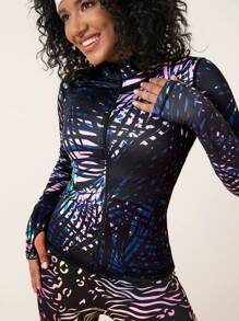 SHEIN All-Over Print Zip-Up Fitted Long Sleeve Active Jacket - Multicolor - View 6