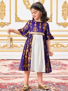 SHEIN DRMZ Young Girl Royal Blue Chiffon Ditsy Floral Splice Round Neck Snug Fit Dress,Summer Elegant Party Wedding Sibling Sisters Outfit For Festivals - Multicolor - View 1