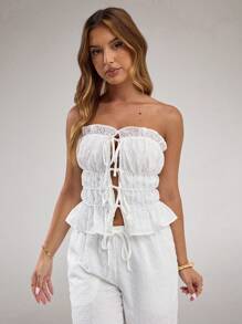 SHEIN BAE Spring And Summer Solid White Fungus Front Tie Embroidered Pattern Tube Top Suitable For Holidays, Seaside Parties, Summer Tops,Summer For Women,Beach For Woman,Beach Tops,Women Spring Tops,Going Out - White - View 3