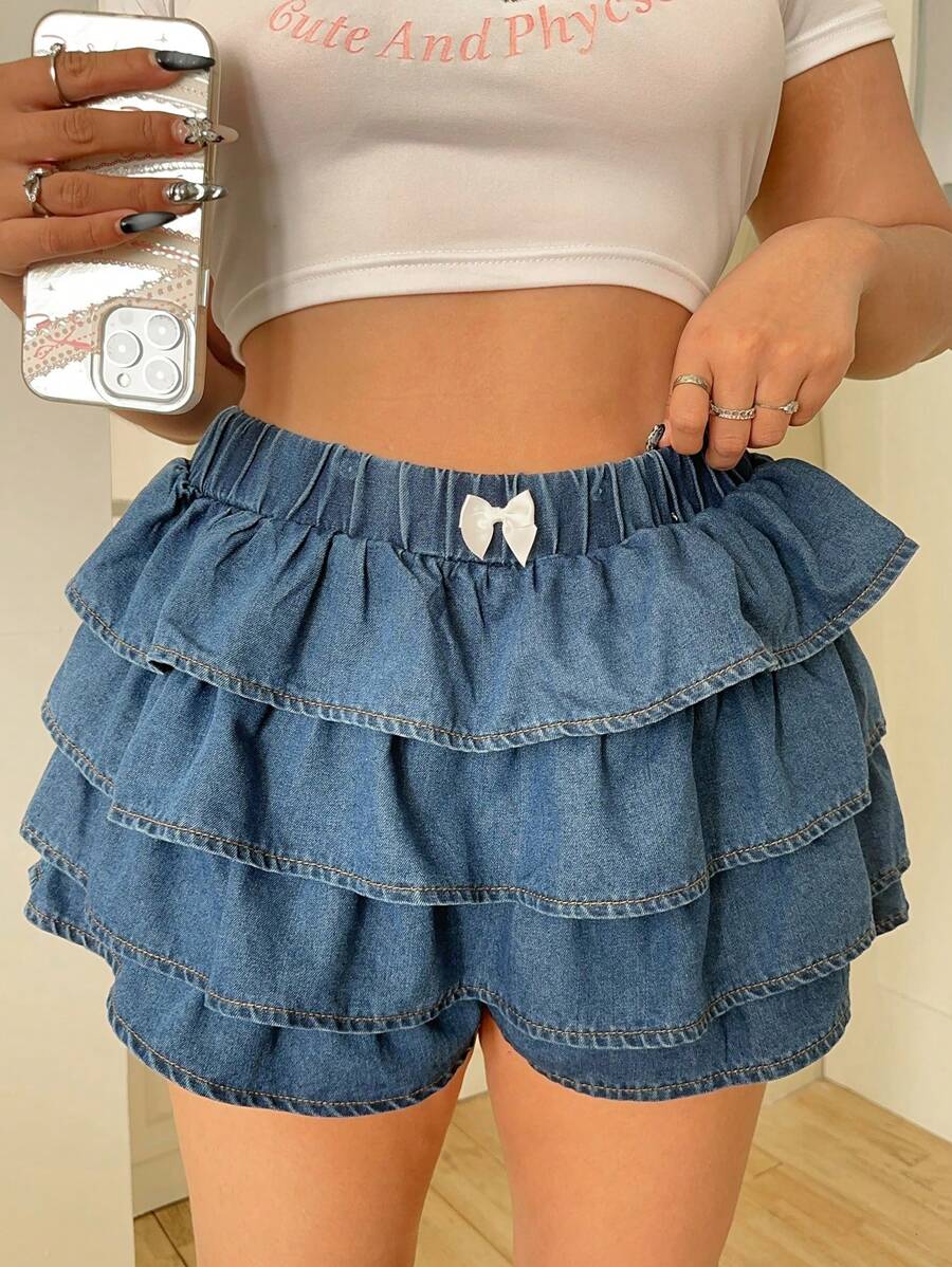 SHEIN MOD 大码蓝色牛仔短裤甜美裤裙春夏牛仔短裤甜美