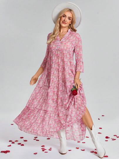 SHEIN LUNE Vestido con cuello alto y estampado floral naranja para mujer, vestido para el Día de San Valentín