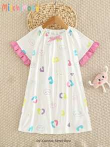 年轻女孩可爱云朵脸印花白色短袖长睡袍家居服 - 白色 - 查看 1