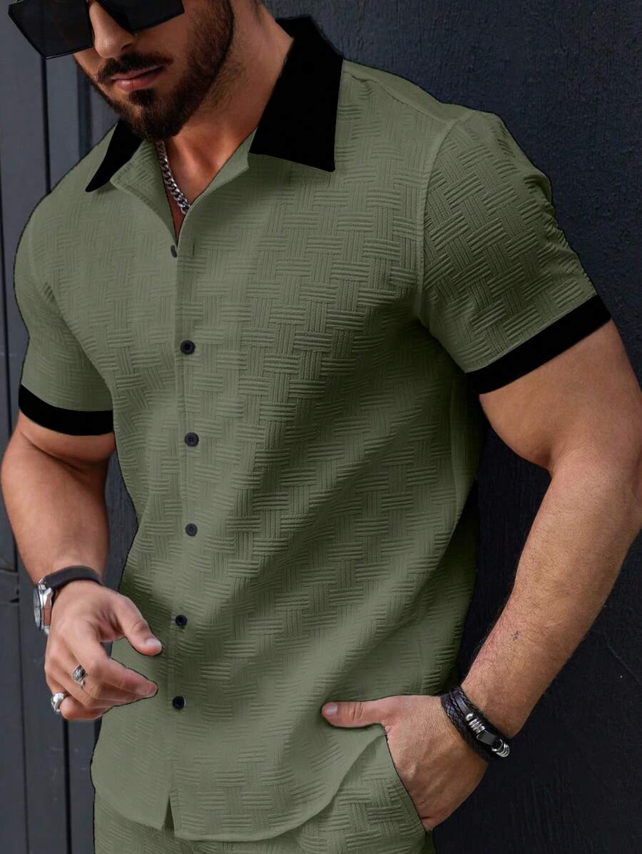 Manfinity Homme Men's Solid Color Patchwork Front Button Short Sleeve Casual Top, Green Shirts For Men, Dark Green Men Shirt, Men's Textured Shirt, Men's Olive Green And Black Shirt - Army Green - View 1