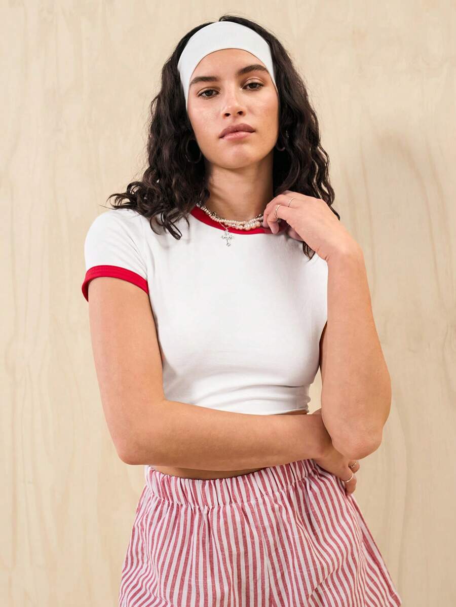 Muchica Round Neck Ringer Tee - White - View 1