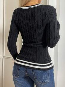 SHEIN EZwear كنزة صوفية نسائية كاجوال بتريم متباين ، خريفية