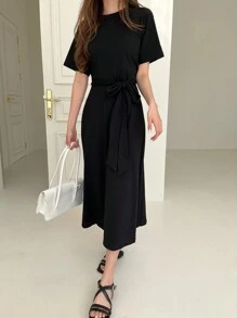 DAZY 女式纯色圆领抽绳腰修身中长连衣裙，黑色，春夏，休闲女装 - 黑色 - 查看 6