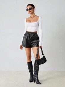 SHEIN Tall Women's Solid Turn-Up PU Leather Shorts - Black - View 7